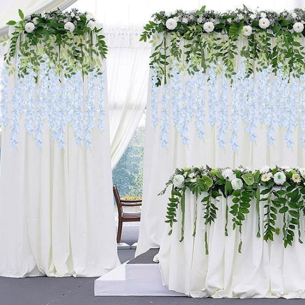 12Pack Wisteria Hanging Flowers Vines 3.6ft Baby Blue Artificial Flowers Fake Wisteria Bushy Garland Silk Flowers Hanging Rattan String for Garden Home Wall Wedding Party Decor (Baby Blue)