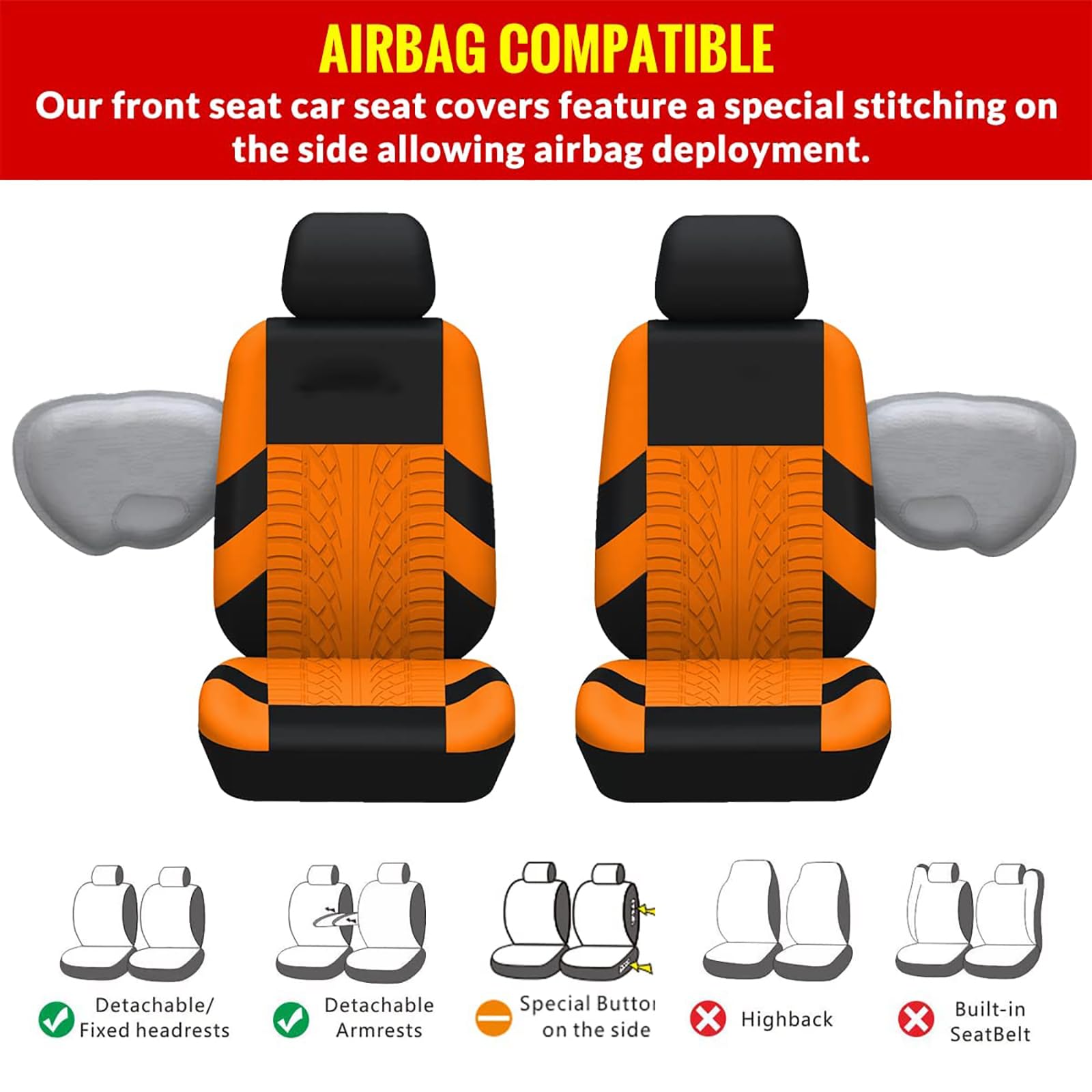 MarxaN Ensembles Housses de Siège Voiture pour R-enault Captur -I /2014-2018, Coussin Siege Vant et Arrière Respirante Amovibles Antidérapante Intérieurs Accessoires,H/Orange