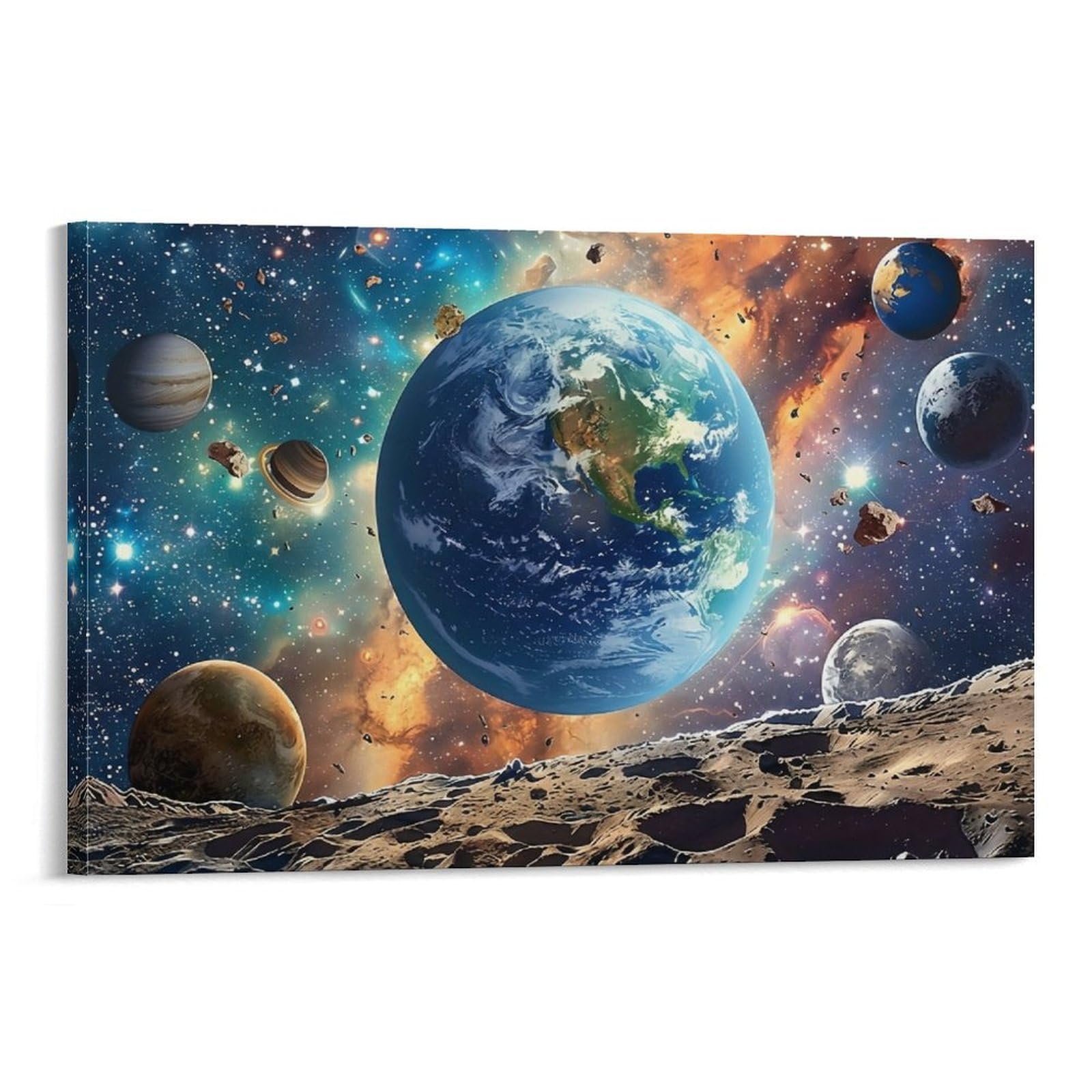 CPLVKWRQJ Space Earth View Single Piece Earth View from Rugged Rocky Moon Terrain Canvas Wall Hanging - Nursery Space Saving Removable Ready to Hang Decor 12x18inch(30x45cm)