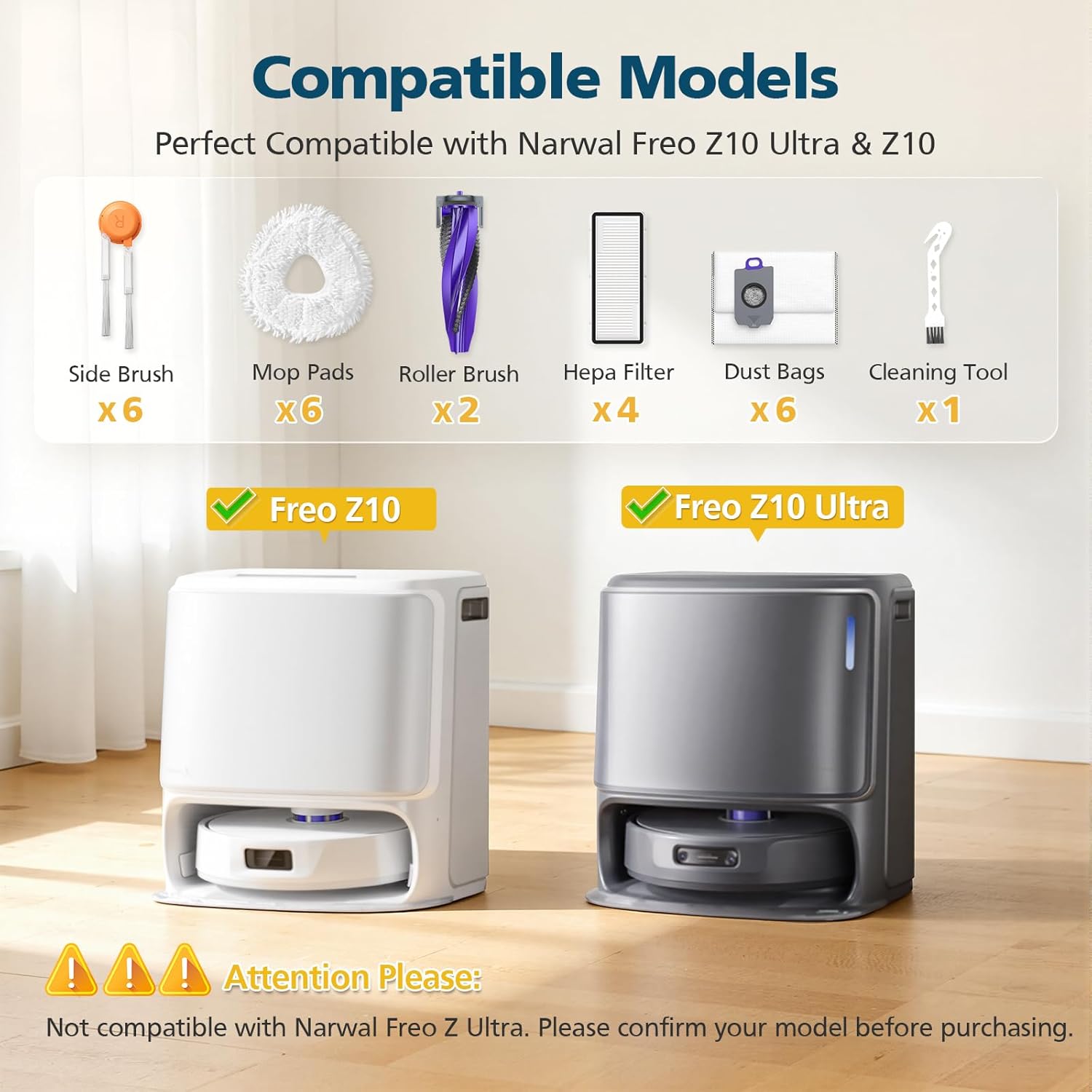 25-Pack Freo Z10 Replacement Parts Accessories for Narwal Freo Z10 / Freo Z10 Ultra Vacuum Cleaner, Include 2 Roller Brushes, 6 Side Brushes, 4 Filters, 6 Mop Pads, 6 Dust Bags and 1 Cleaning Brush