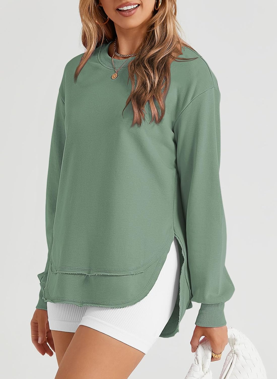 EVALESS Sweatshirt for Women Crewneck Long Sleeve Side Split Tops Casual Solid Color Loose Pullover Shirts 2025 Clothes - Image 3