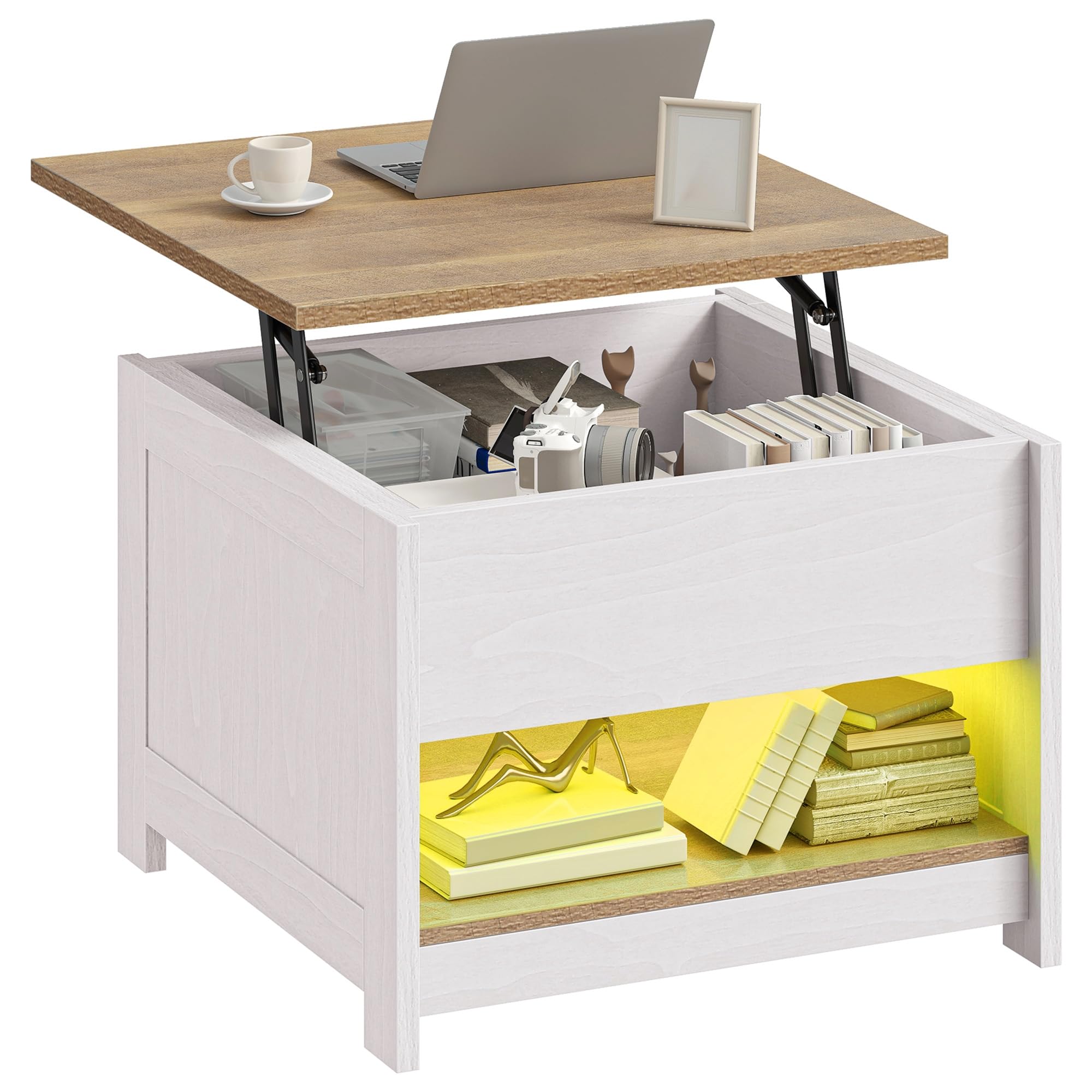 DWVO Mesa de Centro con Tablero Elevable e Iluminación LED, Mesa de Salón Cuadrada Moderna con Compartimento Oculto y Estante Abierto, 60 x 60 x 45 cm
