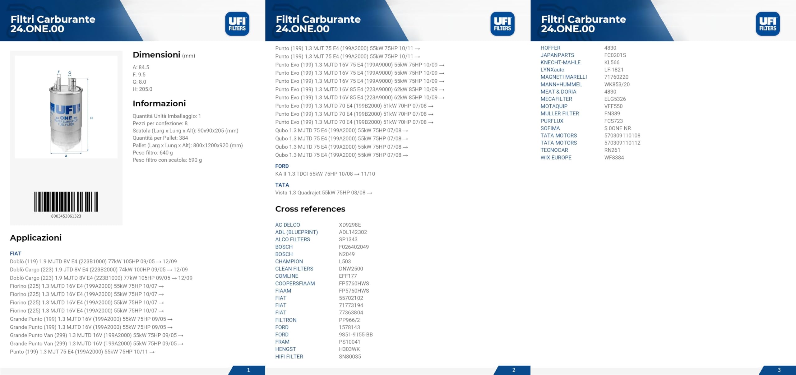 UFI Filters, Filtro Gasolio 24.ONE.00, Filtro Carburante per Ricambio, Adatto ad Auto, Applicabile su Diversi Modelli come Ford, Fiat e Tata