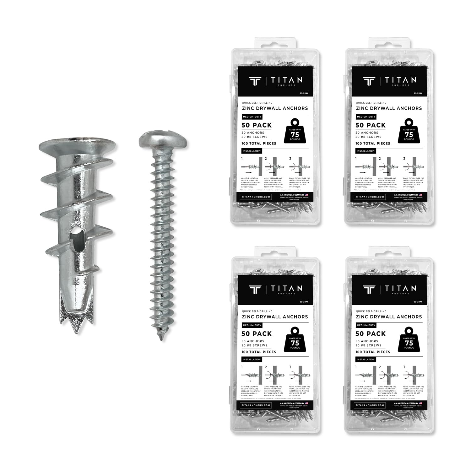 TITAN ANCHORS 200-Pack Quick Self-Drilling Zinc Metal Drywall Anchors with #8 Screws Kit | Holds 75 Lbs. | 200 Anchors + 200 Screws