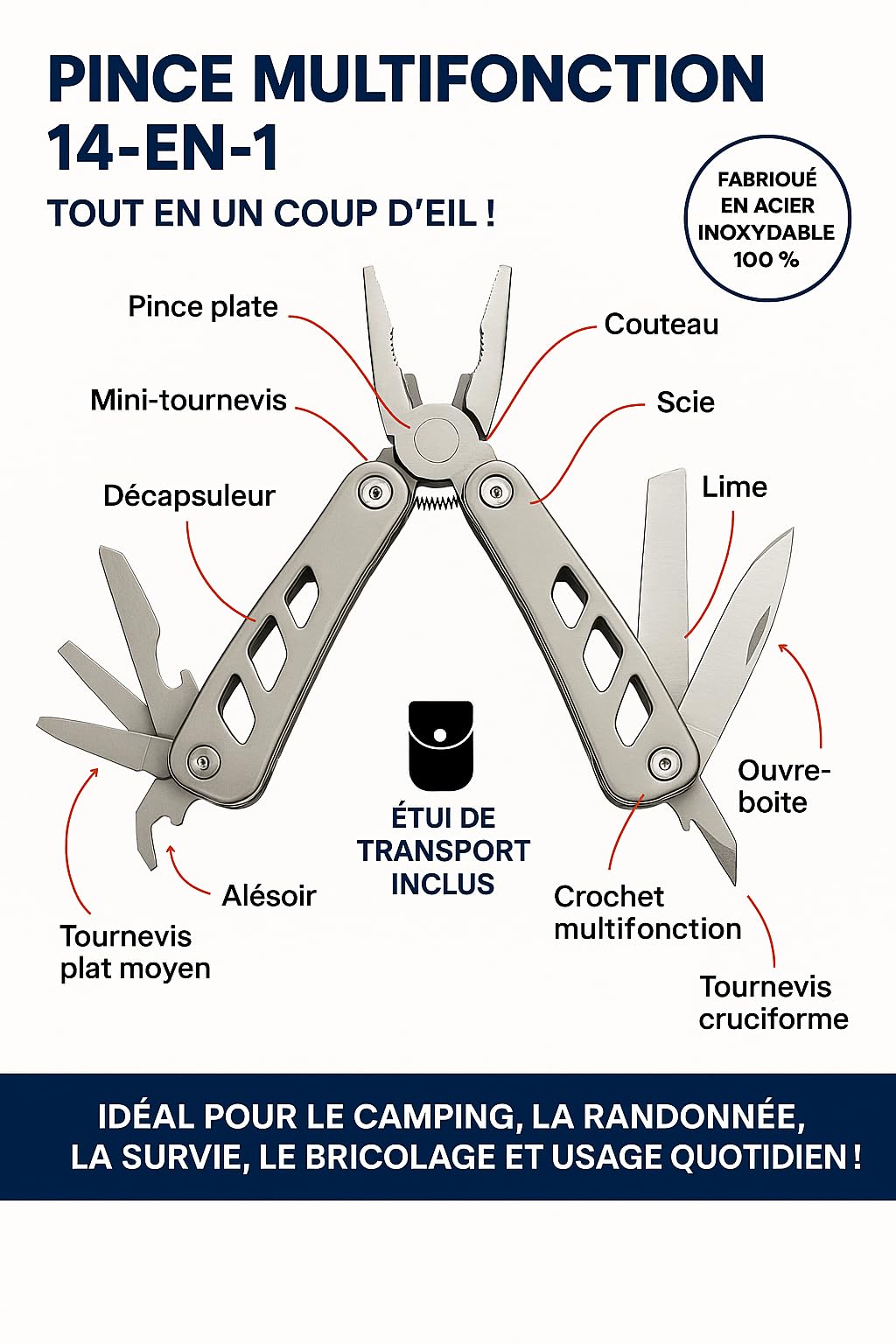 Pince Multifonction 14-en-1 – Outil de Survie Pliable en Acier Inoxydable avec Couteau de Poche et Étui – Idéal Camping, Randonnée, Bricolage et Outdoor