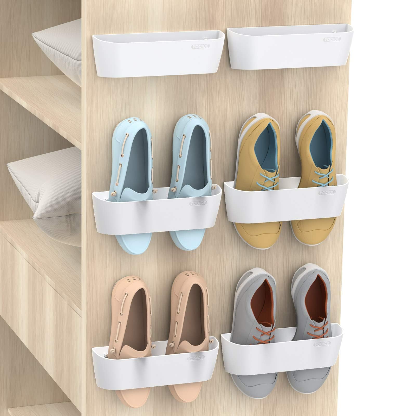 Wandmontiertes Schuhregal, 6 Stück, mit Klebestreifen zum Aufhängen, Kunststoff-Schuhhalter, Aufbewahrung, Organizer, Tür-Schuhaufhänger (SM03-Weiß-6)