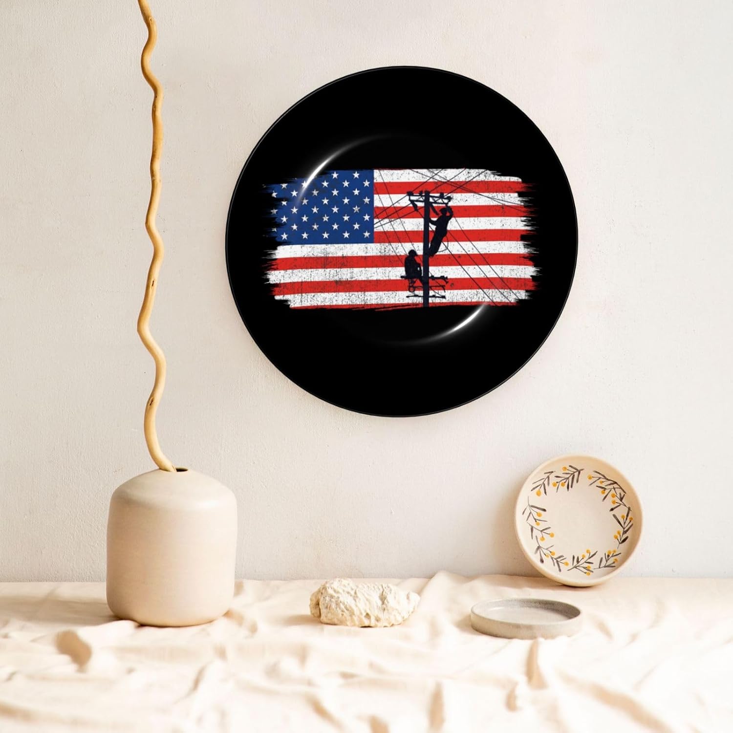 Decorative Ceramic Plate America Flag Electrician Round Decorative Plate with Vertical Stand for Table Accessory Decor Or Bedroom Living Room Bathroom
