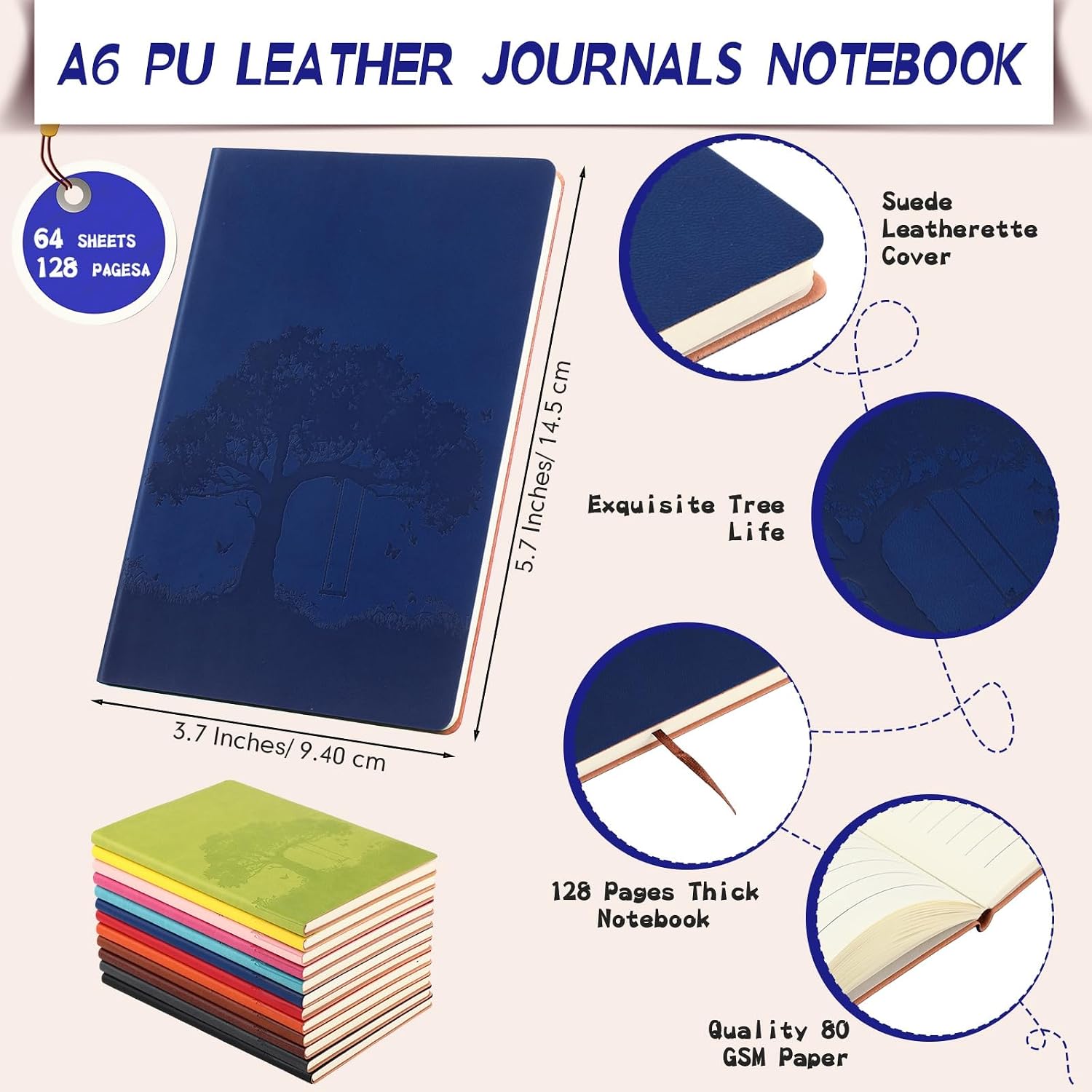 TaoBary A6 PU Leather Journals Notebook Bulk Colorful Tree Life Lined Journal Leather Cover Writing Notebook for Administrative Professionals Nurse Teacher Volunteer 128 Pages(Vintage Color,72 Pcs)