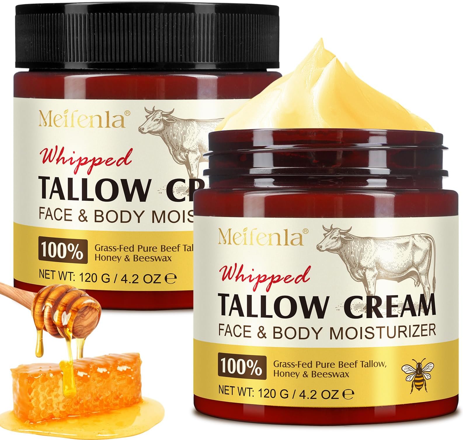 Beef Tallow Skin Care, 100% Grass Fed Beef Tallow Moisturiser for Face Body, Organic Tallow and Honey Balm, Unscented Natural Tallow Face Cream for Skin Care, Deeply Nourishing, All Skin Types 4.2 Oz