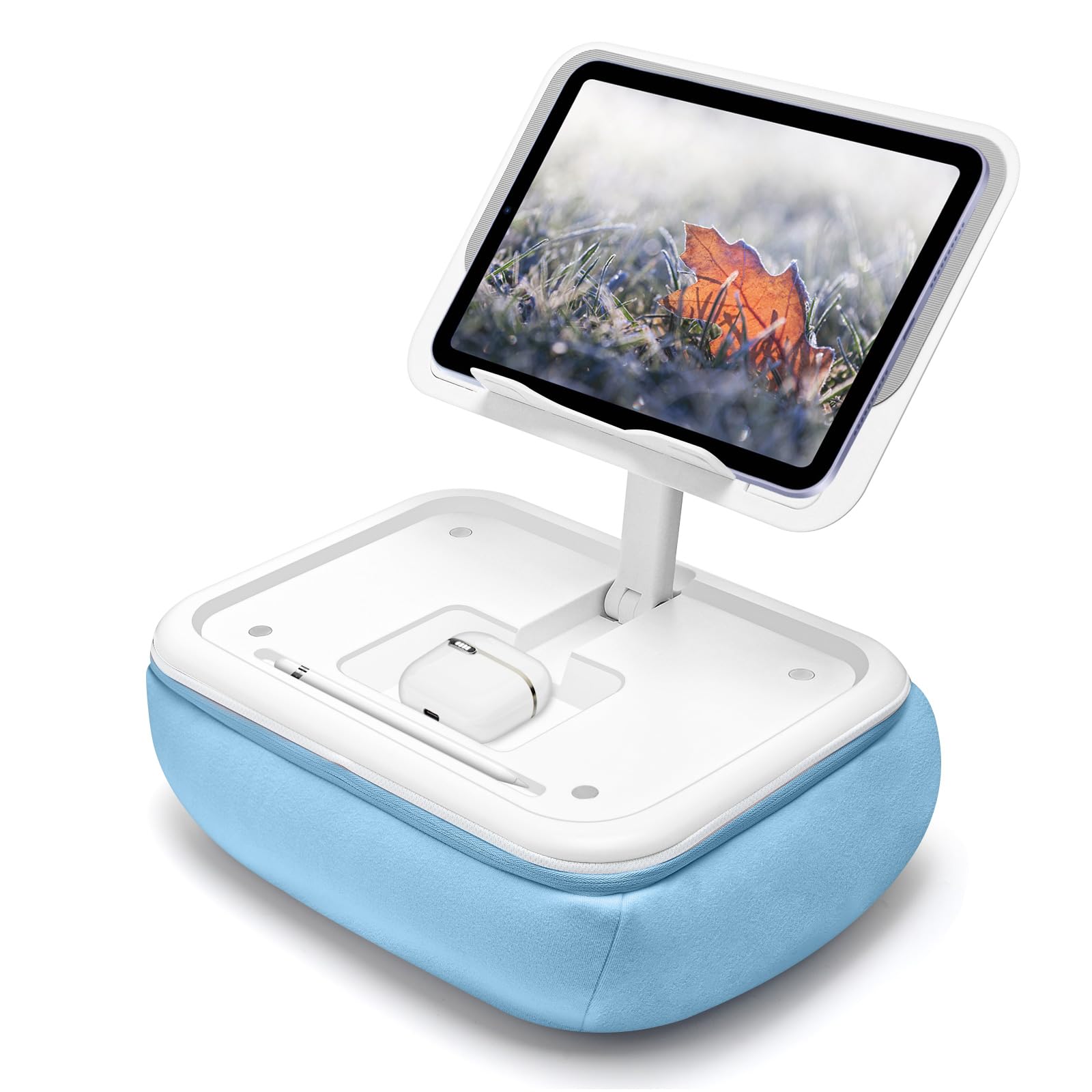 Lap Beanbag Kindle Pillow Stand with Silicone Pad,Angle Adjustable ipad Holder for Bed,Tablet Pillow with Removable Base,Soft Cushion Pillow Stand Compatible with 4.7-13" Kindle,Phone,Tablet,Blue