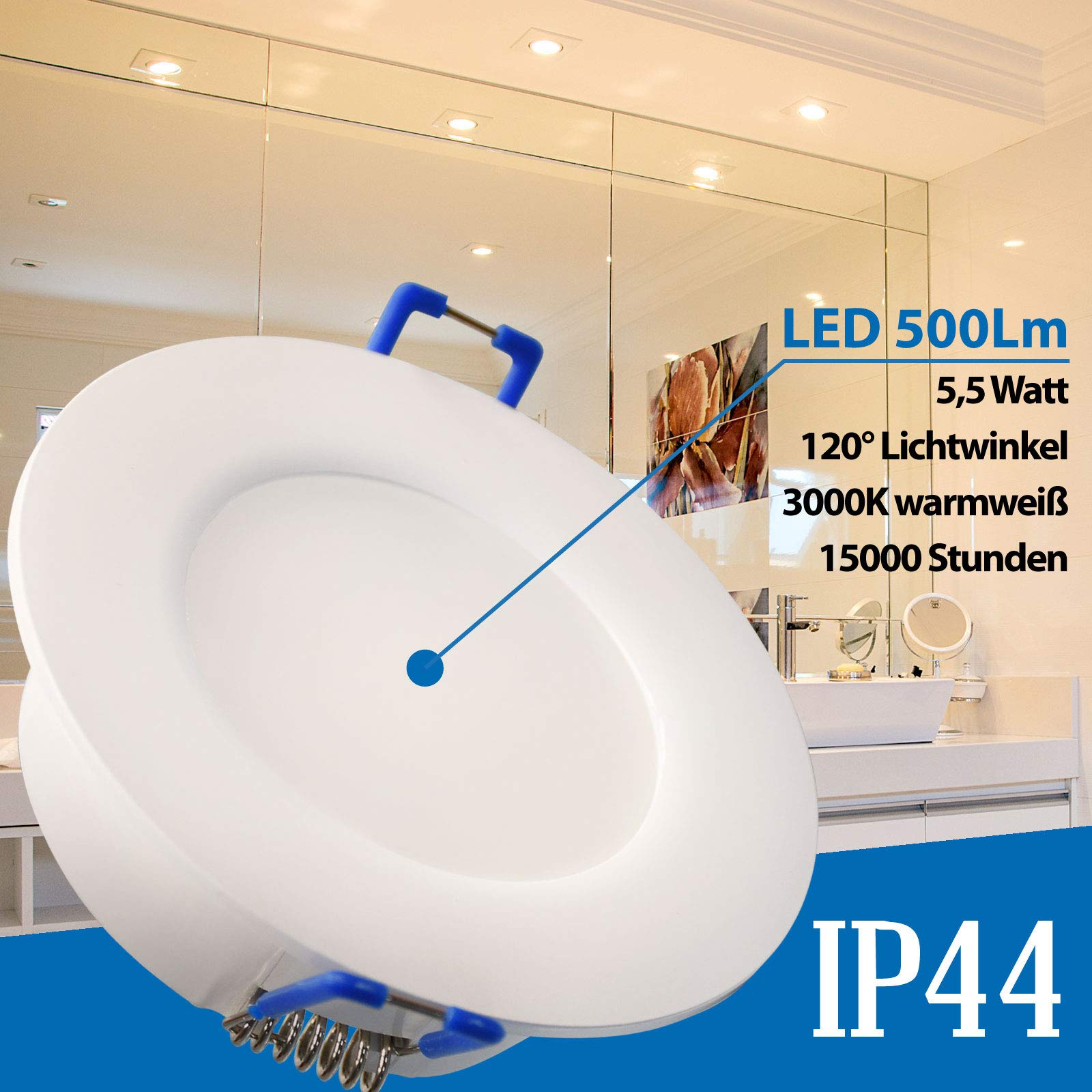 Maxkomfort 12x IP44 LED Bad Einbaustrahler 230V sehr flach 5,5W RUND Einbauspot Einbauleuchte Einbaulampe Deckenlampe Deckenstrahler Dusche