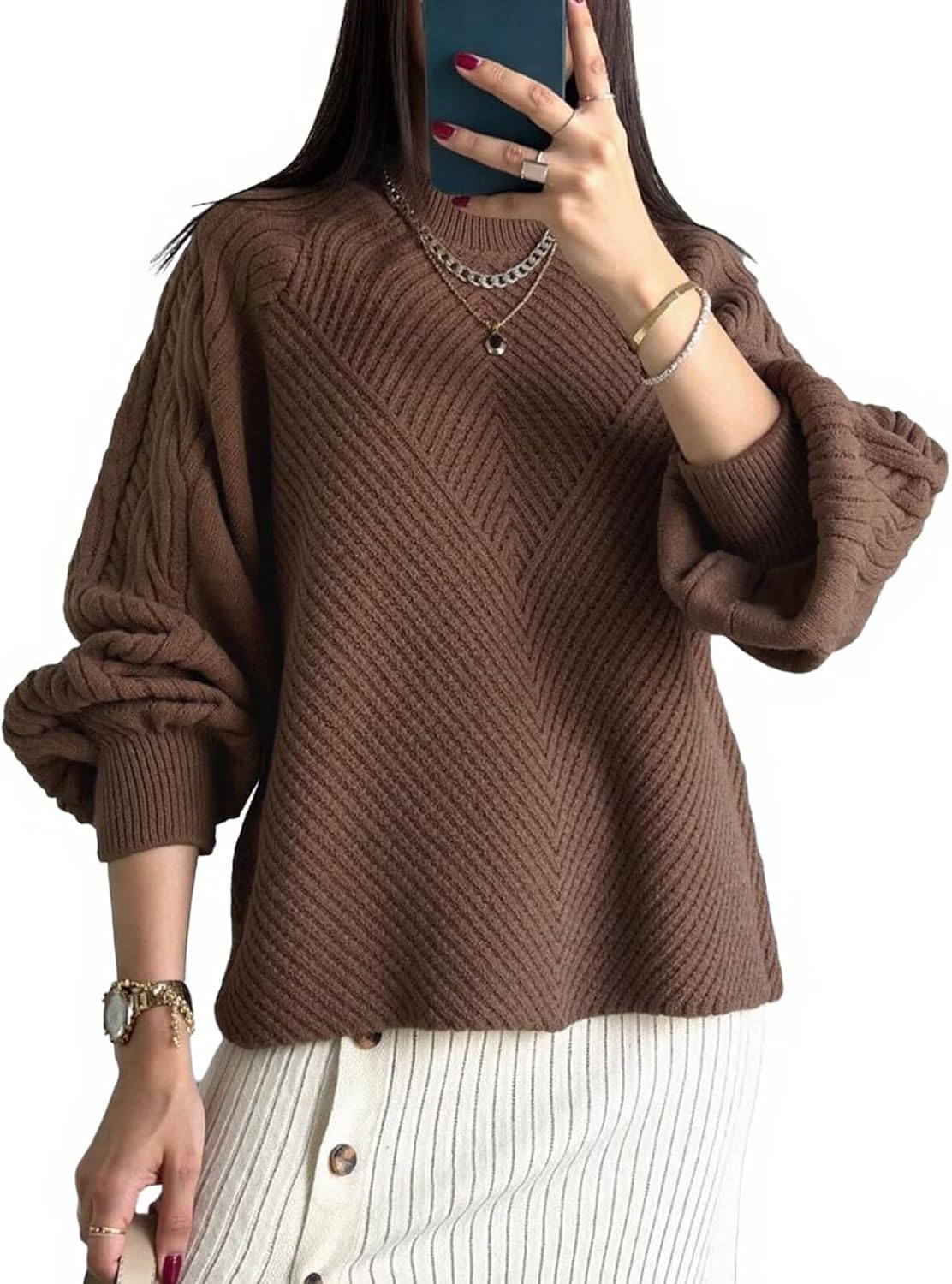 Upopby Women's Fall Winter Cable Knit Sweaters for Women Trendy Lantern Sleeve Chunky Mock Neck Pullover Sweater Tops
