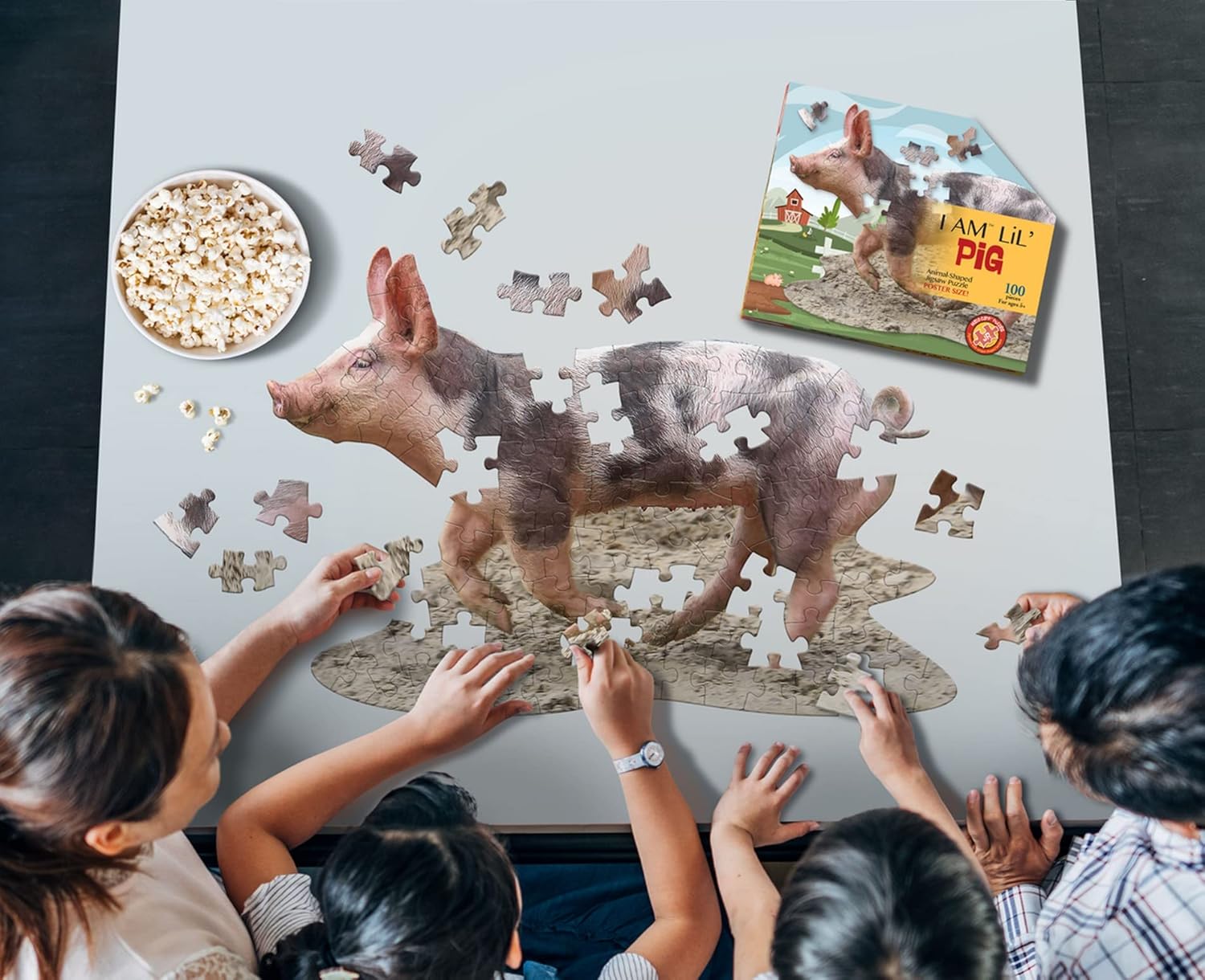 Madd Capp LiL' PIG 100 Piece Jigsaw Puzzle For Ages 5 And Up - 4019 - Unique Animal-Shaped Border, Poster Size when completed, Oversized Pieces For Easy Handling, Includes Educational Fun Facts