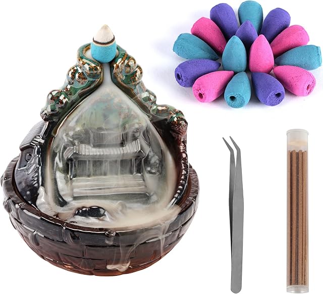 Ceramic Backflow Incense Burners - Incense Waterfall Cones 120 Pcs + 20 Incense Sticks+16 Pcs Incense Cones - for Relaxation, Purification, Meditation, Yoga Gift