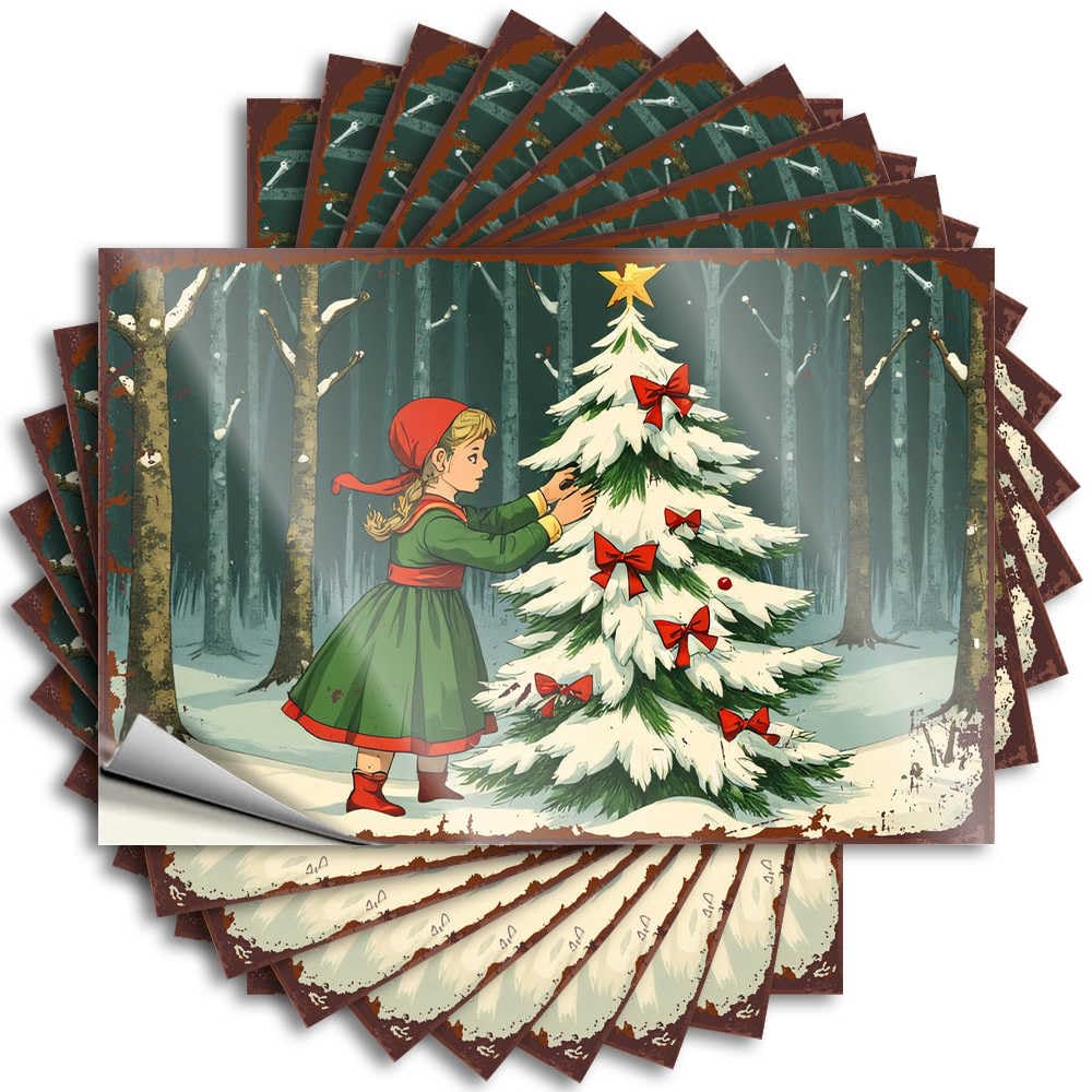 Decals Aesthetic Farm Water A Girl Decorating A Snowy Christmas Tree in The Forest - No Residue Decals for Paw(8X12CM)