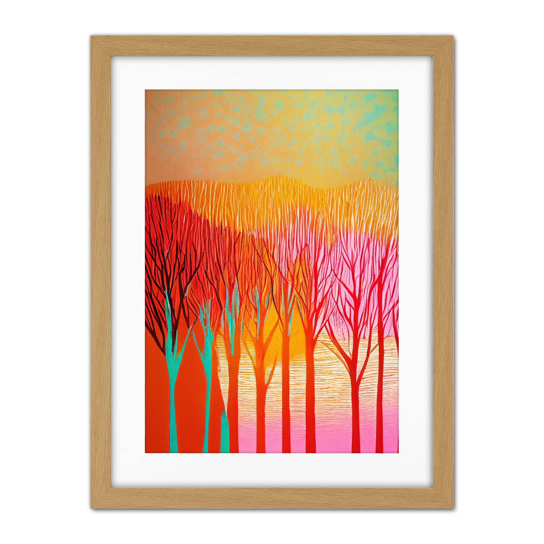 Doppelganger33 LTD Forest Treetops Linocut Illustration Vibrant Bold Artwork Framed Wall Art Print 18X24 Inch