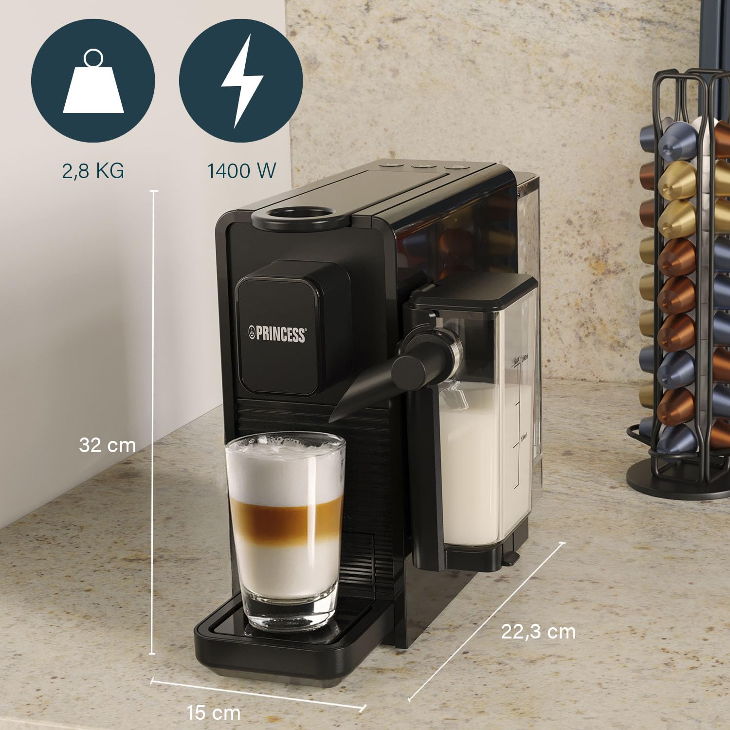 Princess Capsule and Latte Pro Macchina da Caffè a Capsule, Compatibile Nespresso, Latte Automatico, 20 Bar, 1400W, BPA Free, Parti Lavabili, Spegnimento Automatico, 01.249455.01.001