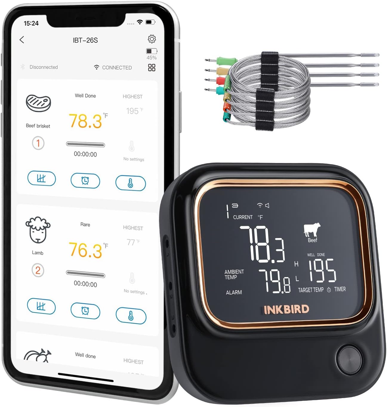 INKBIRD IBT-26S 5G Wireless Meat Thermometer, 4 Probes, WIFI 5GHz & Bluetooth 5.1, LCD Display, Rechargeable, Indoor/Outdoor, Adult