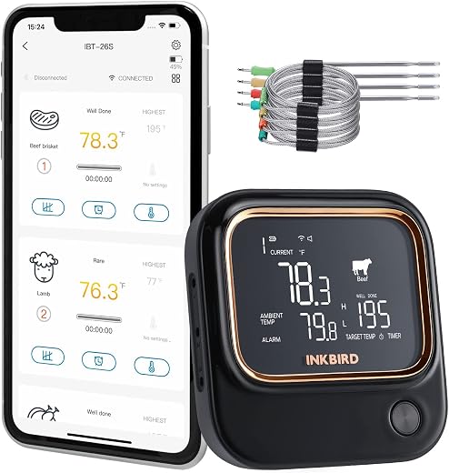 Inkbird IBT-26S Fleischthermometer, Bluetooth 5.1 Signal 70m und WIFI 2.4G, Thermometer mit 4 Temperaturfühlern, Magnetische Halterung, USB-Aufladbar, Grillthermometer für Küche…