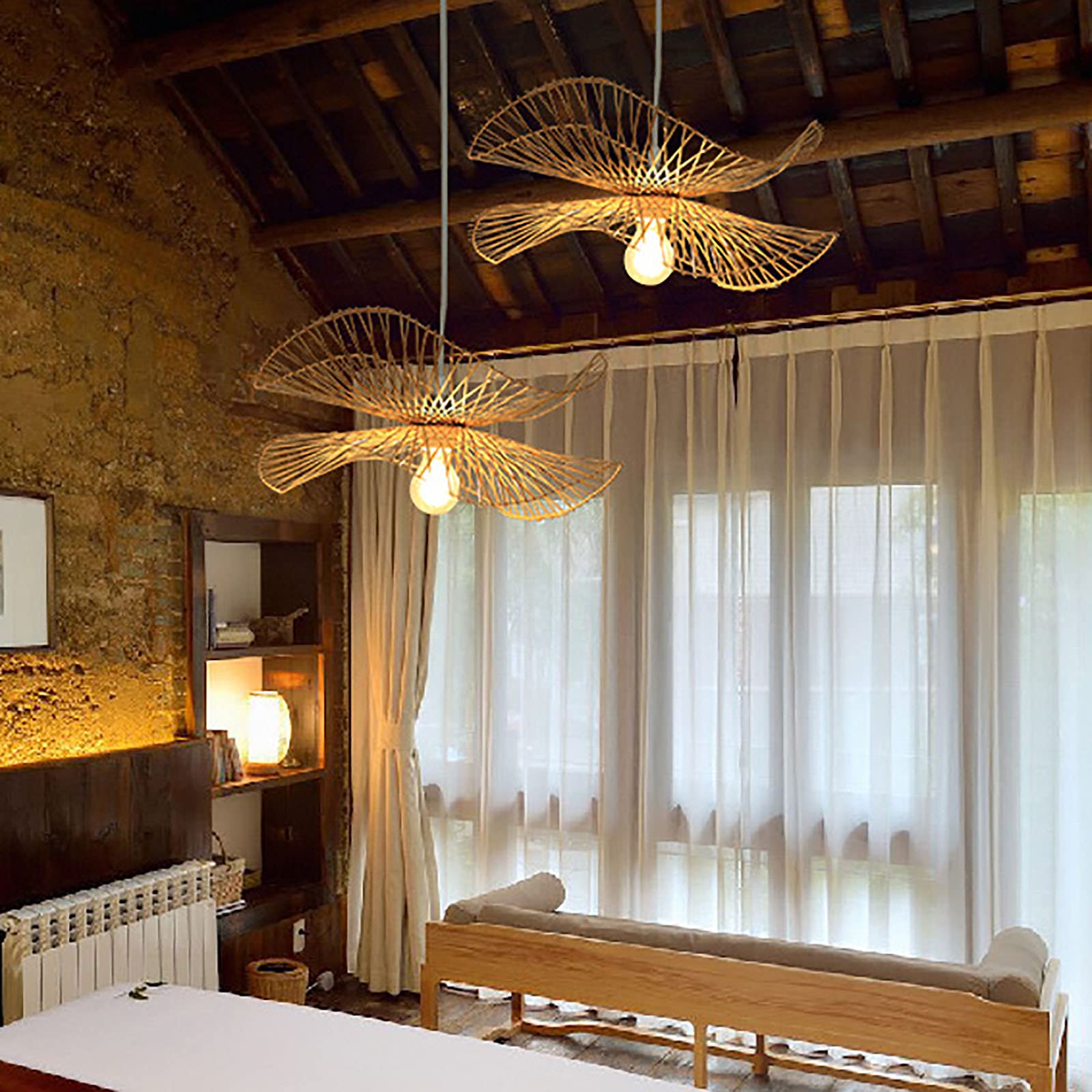 Lampadario Vintage in bambù Intrecciato Naturale e Rattan Intrecciato retrò Lampade Lampada a Sospensione in bambù Fatta a Mano, per Camera da Letto Sala da Pranzo Soggiorno Cucina