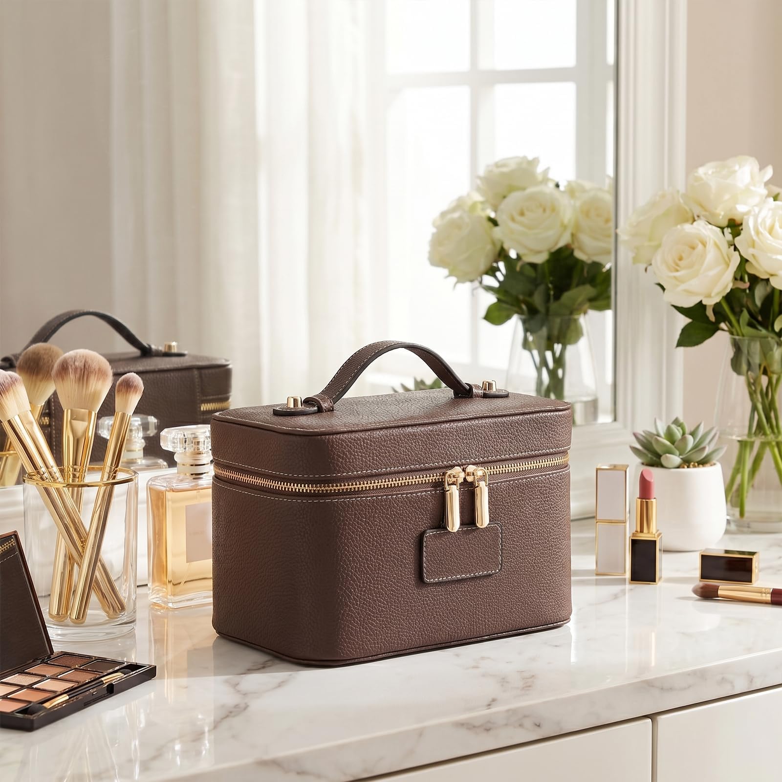 Kosmetiktasche Groß, Lederimitat Kulturtasche Damen, Travel Make Up Bag mit Fächern und Griff, Reise Leder Beauty case Schminktasche Hartschale
