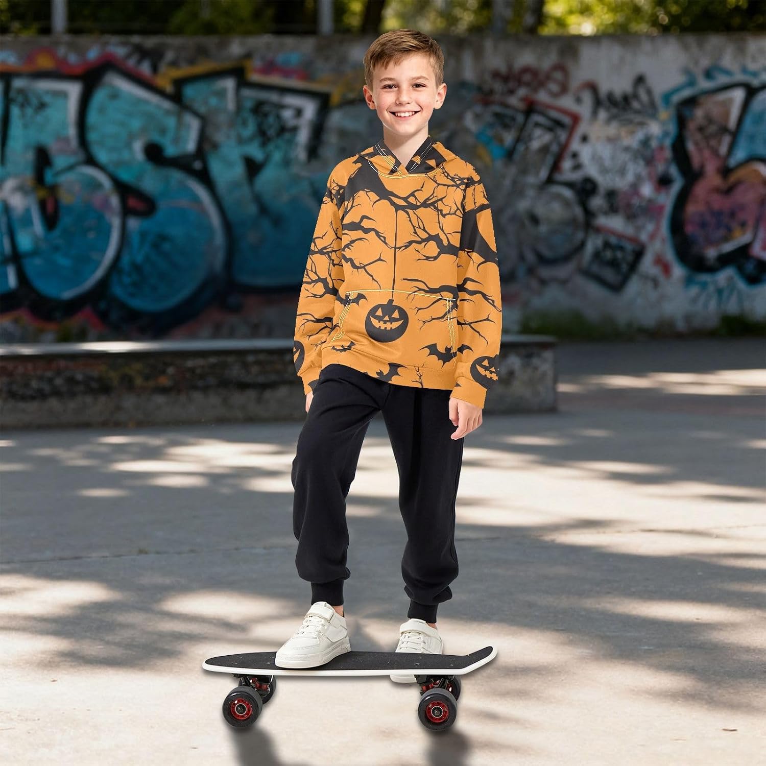 ZZXXB Halloween Tree Pumpkin Kids Sweatshirts Boys Girls Hooded Kangaroo Pocket Pullover Tops XS-XXL