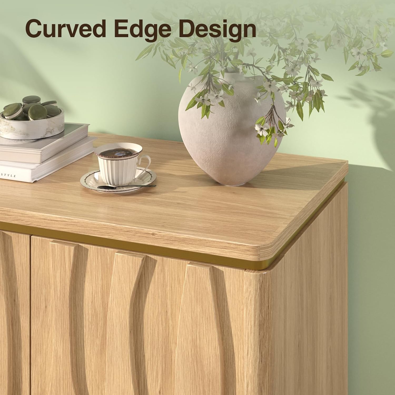 Close-up of the curved edge design of the cabinet top