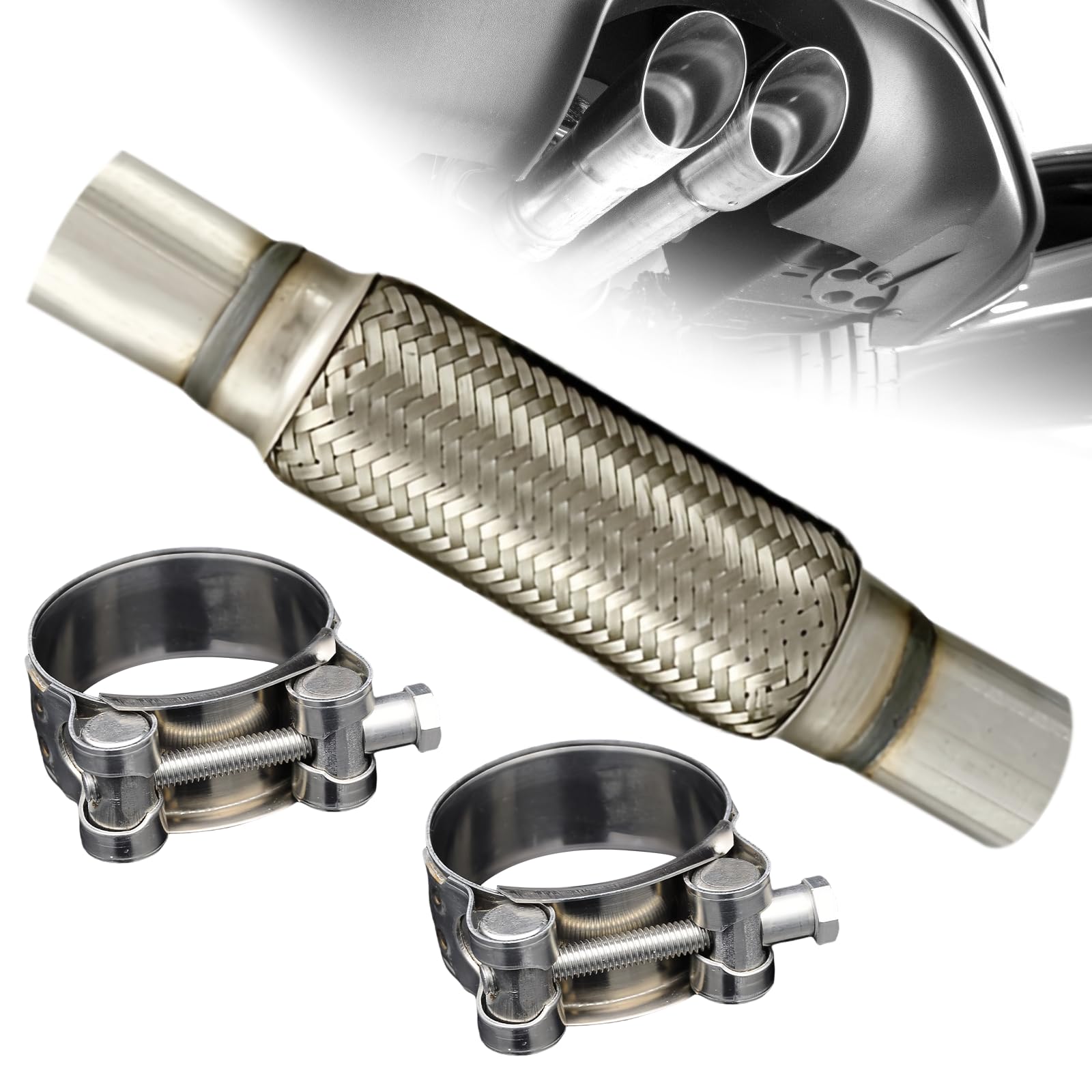 TAKPART Universele flexibele buis/Y-buis uitlaatreparatiebuis met 2 klemmen, voor 45 x 150 mm/270 mm, zilver TAKPART Universele flexibele buis/Y-buis uitlaatreparatiebuis met 2 klemmen, voor 45 x 150 mm/270 mm, zilver