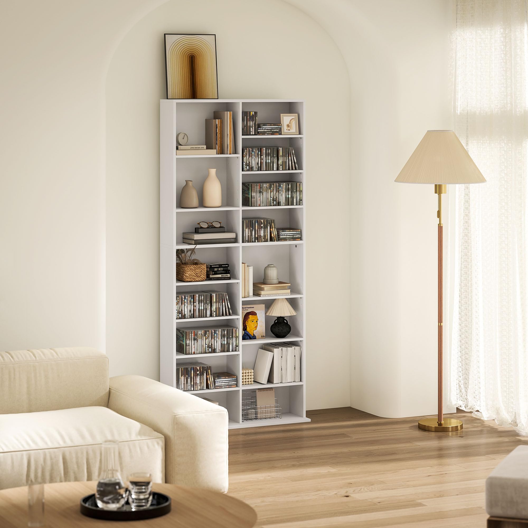 HOMCOM CD- und DVD-Aufbewahrung, Multimedia-Möbel, max. Kapazität 640 CDs/360 DVDs und 430 Blu-ray, 18 Fächer 14 verstellbare Regalböden, für Wohnzimmer, Schlafzimmer, 78,5x24x175cm, weiß