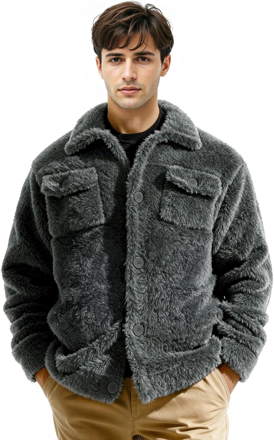 GINGTTO Mens Furry Button-Up Jacket 4 Pockets Fluffy Coat For Men - Image 2