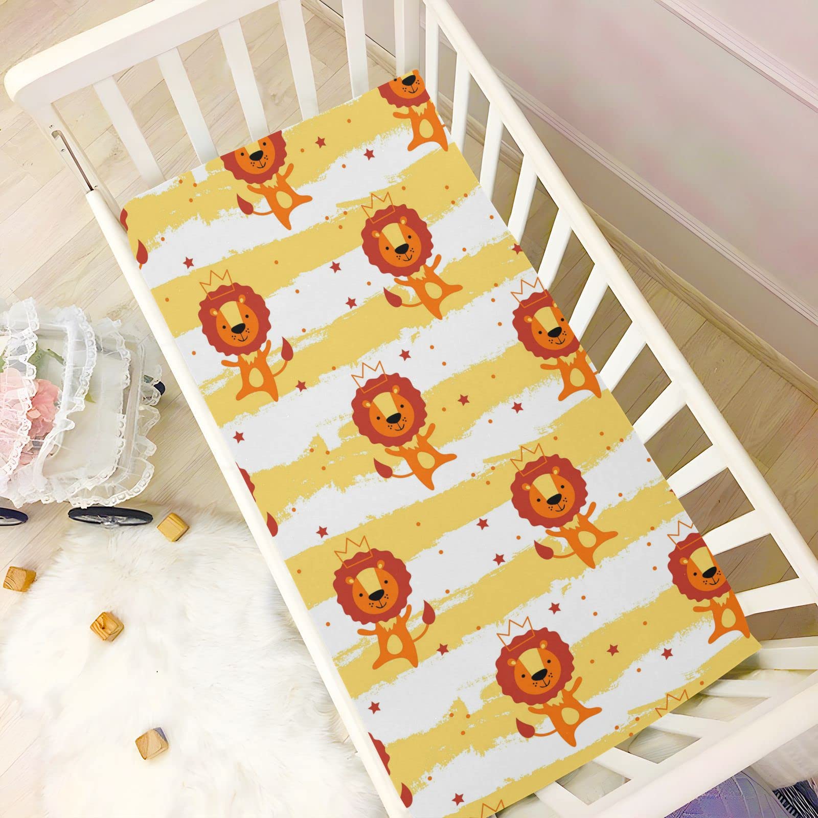 Spannbettlaken für Kinderbett, niedliches Löwenmuster, weich, atmungsaktiv, pflegeleicht, Spannbetttuch für Babybett und Kinderbetten