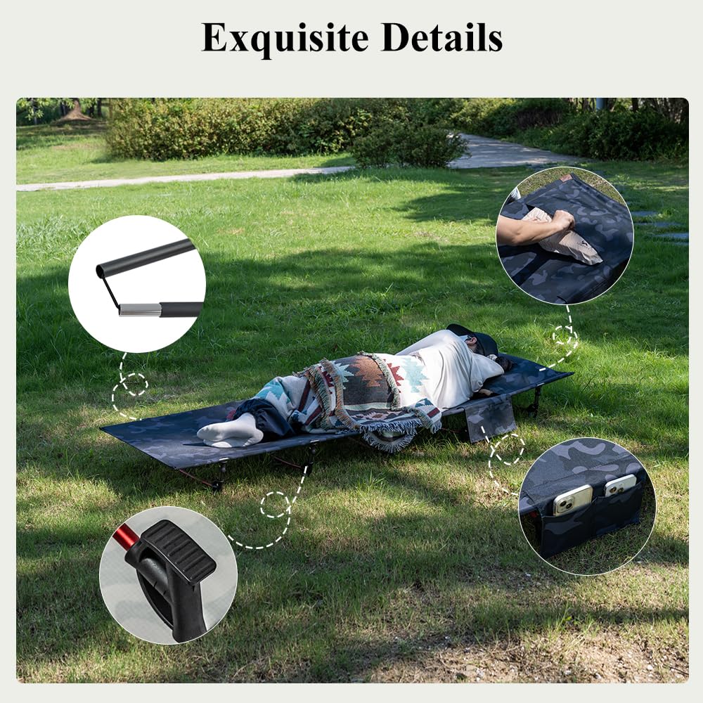 TOMOUNT Veldbed, ultralicht, 190 x 70 cm, campingbed van aluminium, compact campingligbed, eenvoudig te bouwen, belastbaar campingbed voor tenten, outdoor, wandelen, reizen, strand, camouflagezwart