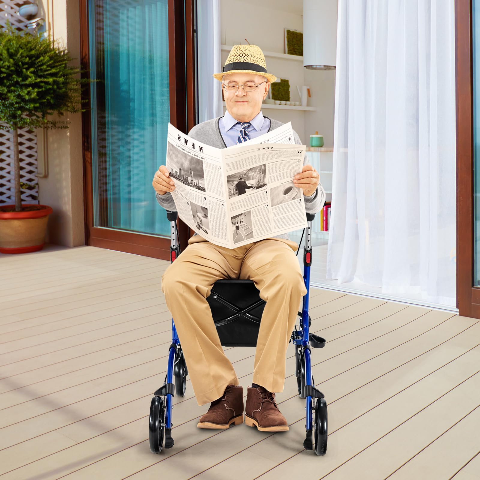 HOMASIS Deambulatore per Anziani 4 Ruote, Carrello per Anziani per Camminare con Seduta e Maniglie Regolabili, Rollator Pieghevole con Doppio Freno/Borsa Portaoggetti, Portata 150kg (Blu)