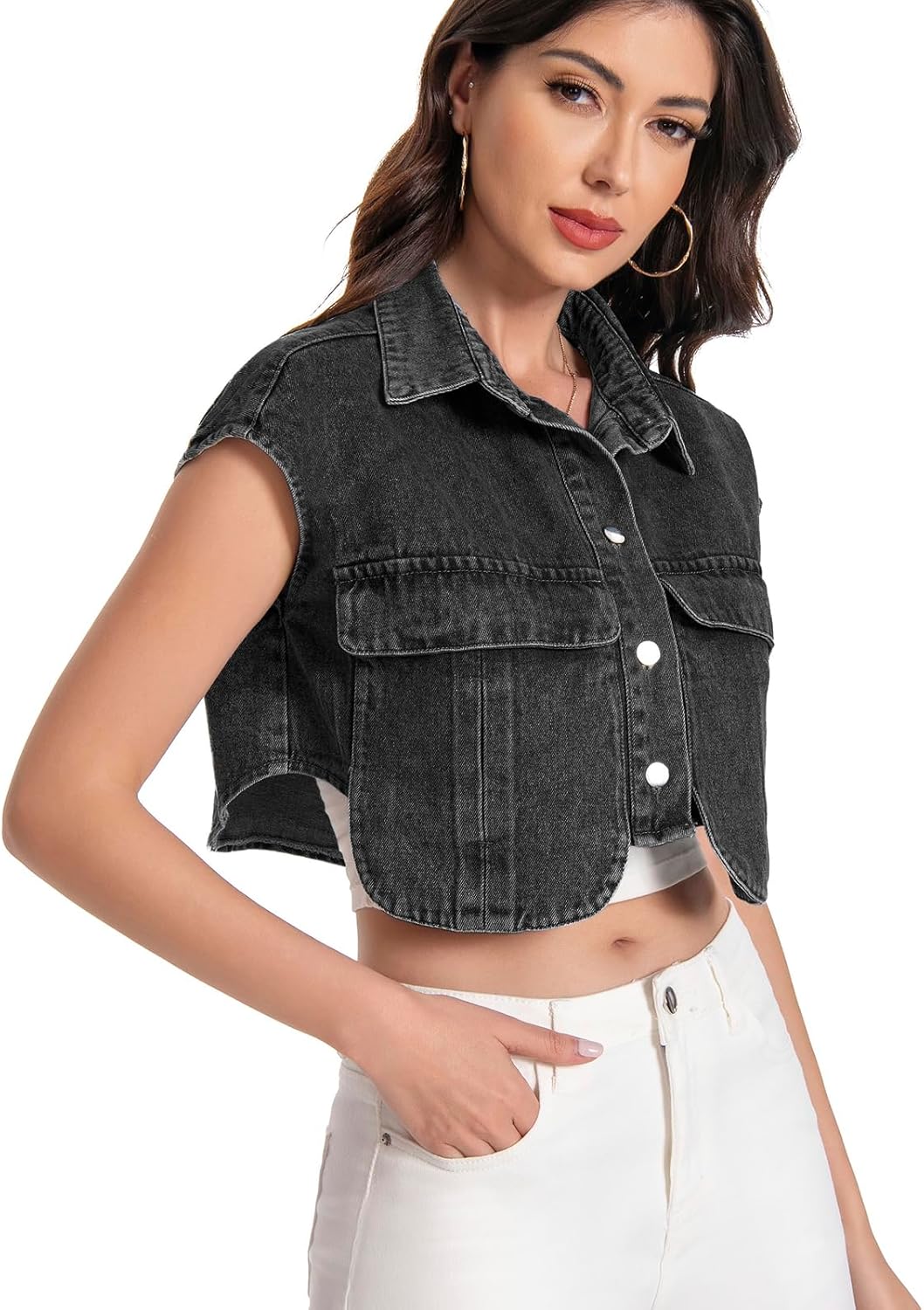 Women Cropped Denim Shirt Summer Jean Stylish Button Down Collared Cute Sleeveless Top with Pockets - Image 4