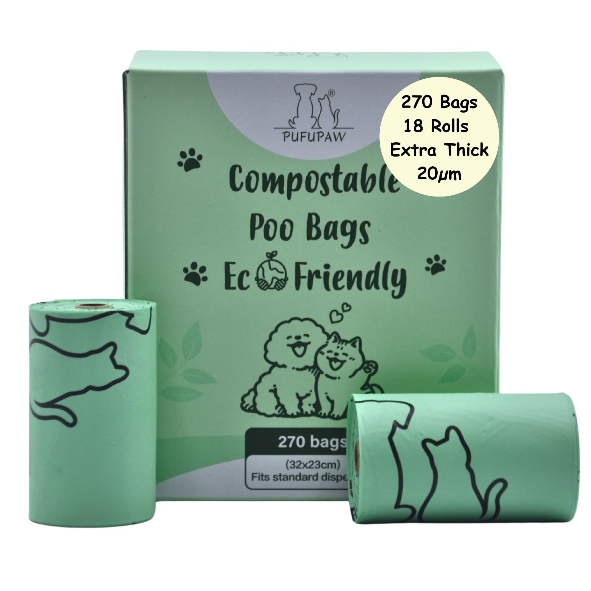 Pufupaw Green Compostable Dog Poop Bags 270 Count | Extra Thick 20 Micron | Leak-Proof | Plant-Based Cornstarch | Unscented Eco Bags | 1% For The Planet