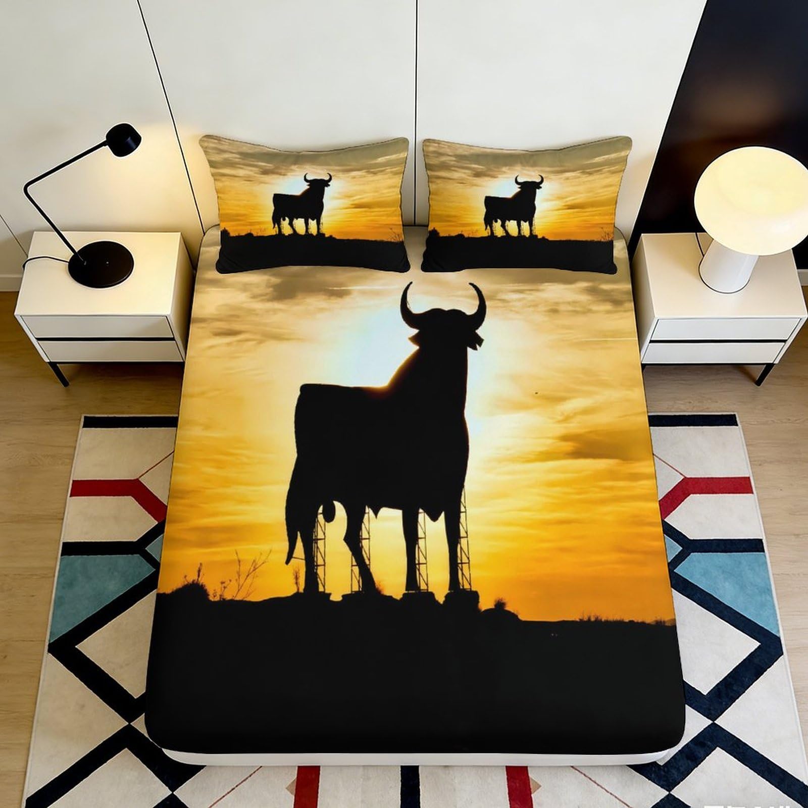 3D Printed Sunset Bull Silhouette Fitted Sheet Microfiber Anti-Slip Easy Care Bedroom Bed Cover for Mattress Protection Decor 120x200x25cm