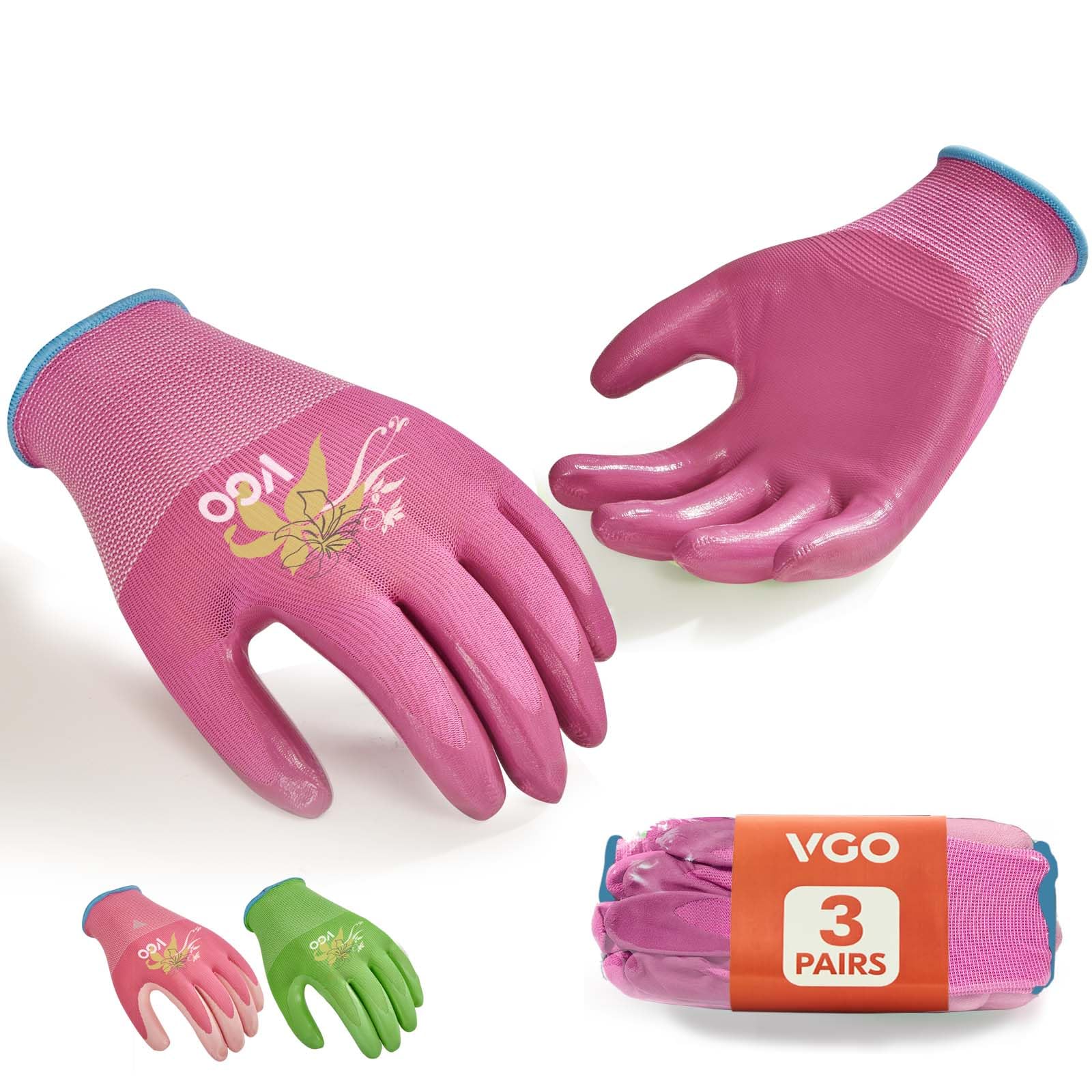 VGO 3 works Women’s Gardening Gloves - Non-Slip Nitrile Coated, Machine Washable & Breathable for Outdoor,DIY, Ranch,Camping
