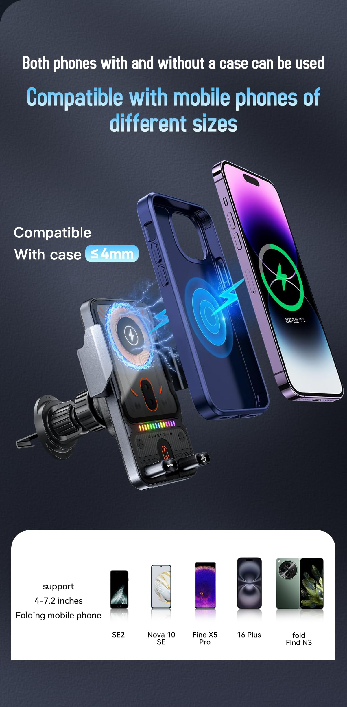 Cargador inalámbrico de coche con detección automática y rotación inteligente, carga rápida de 15 W, soporte universal para teléfono de ventilación y soporte de carga de abrazadera automática, estable