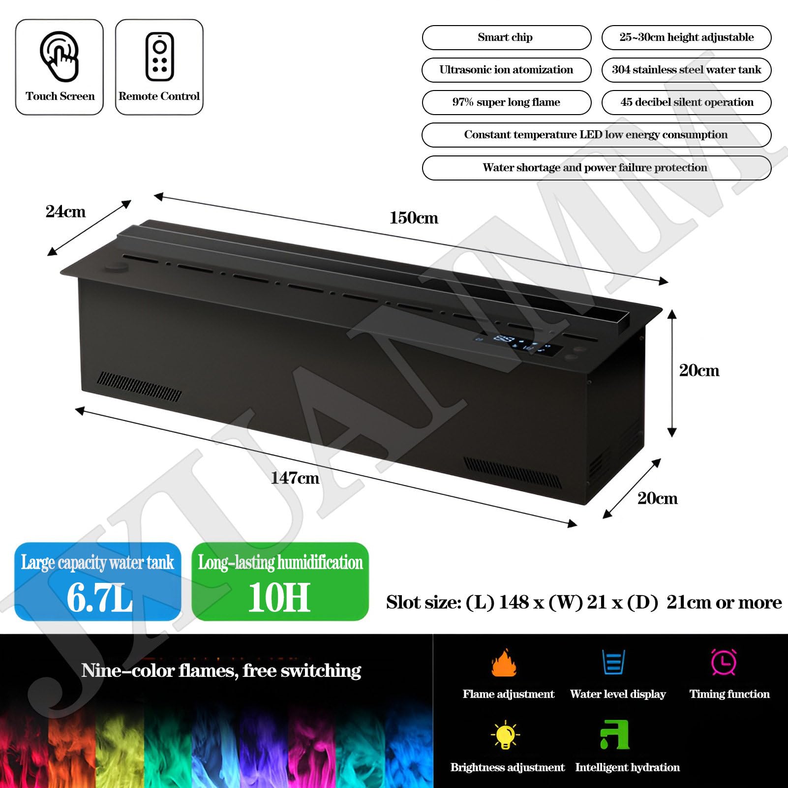 Camino a Vapore acqueo da 19,7/31,5/39,4/47,2/59 Pollici Fiamma atomizzata 3D dimmerabile, Camino Elettrico a Vapore da Incasso con Telecomando, Controllo dell'Acqua 9Colors-150cm/59in