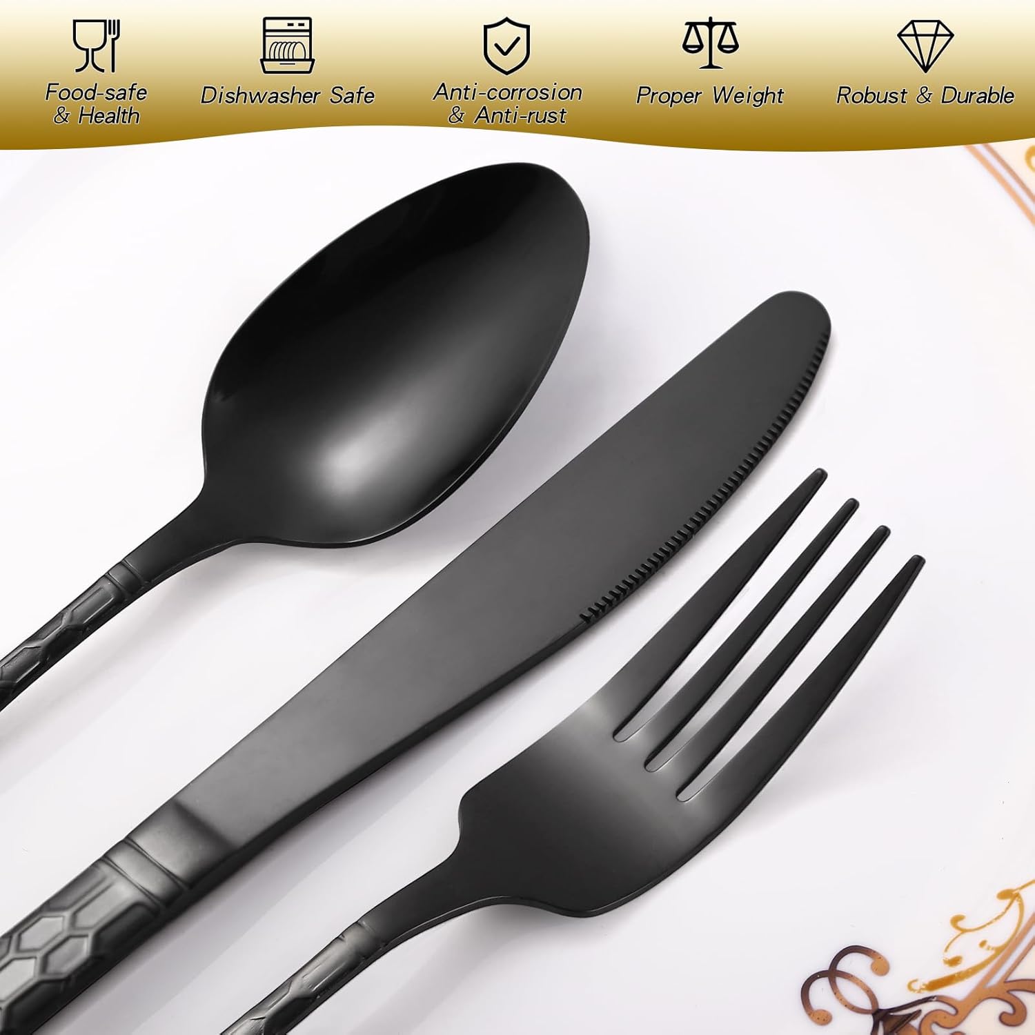 30 Pcs Black Hammered Silverware Set Service for 6,with Steak Knives Stainless Steel Flatware Set,Mirror Cutlery Utensil,Durable Kitchen Tableware,Ripple Teardrop Fork Knife Spoon,Dishwasher Safe