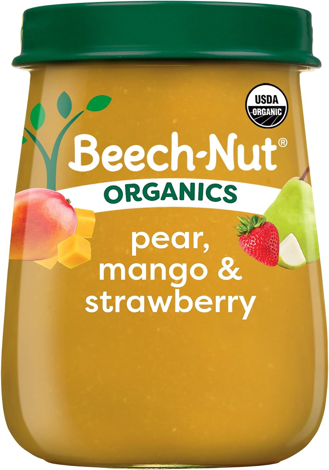 Organic Baby Food Jars, Organic Pear Mango & Strawberry Baby Puree, Stage 2 for Babies 6 Months and Up, Non-GMO, 4oz Glass Baby Food Jars, 10ct