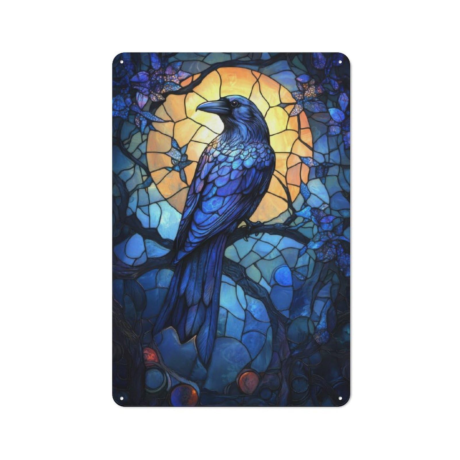 Vintage Tin Sign 30x20cm with Raven in Stained Glass for Hobby Room Or Studio, for Metal Sign Collectors, for Garage And Workshop Walls