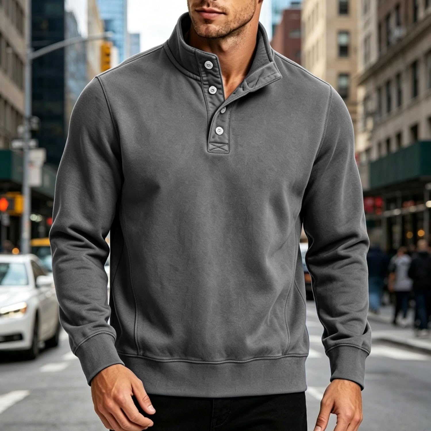 Men Stand Collar Button Front Sweatshirt Long Sleeve Loose Fit Solid Color Shirt Comfy Casual Work Pullover Blouses