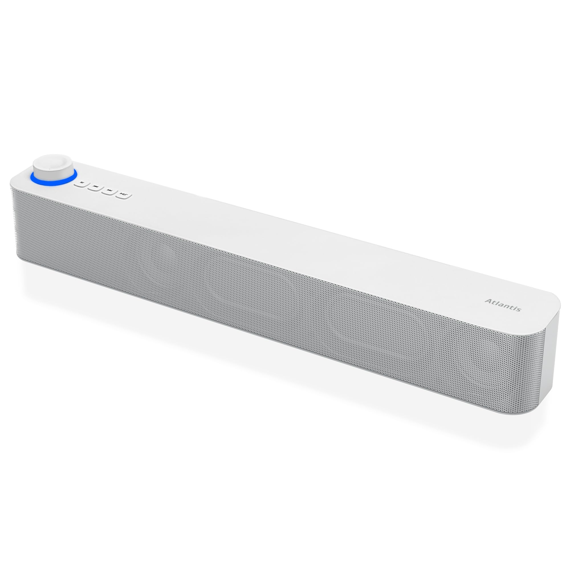 Atlantis Soundbar 20 W, Conector Jack 3,5 mm + Bluetooth 5.3, batería 2400 mAh, Radio FM, Altavoz para PC, portátil, TV, Smartphone. Dimensiones: 420 x 60 x 74 mm. Color: Blanco. P003-C0820-B