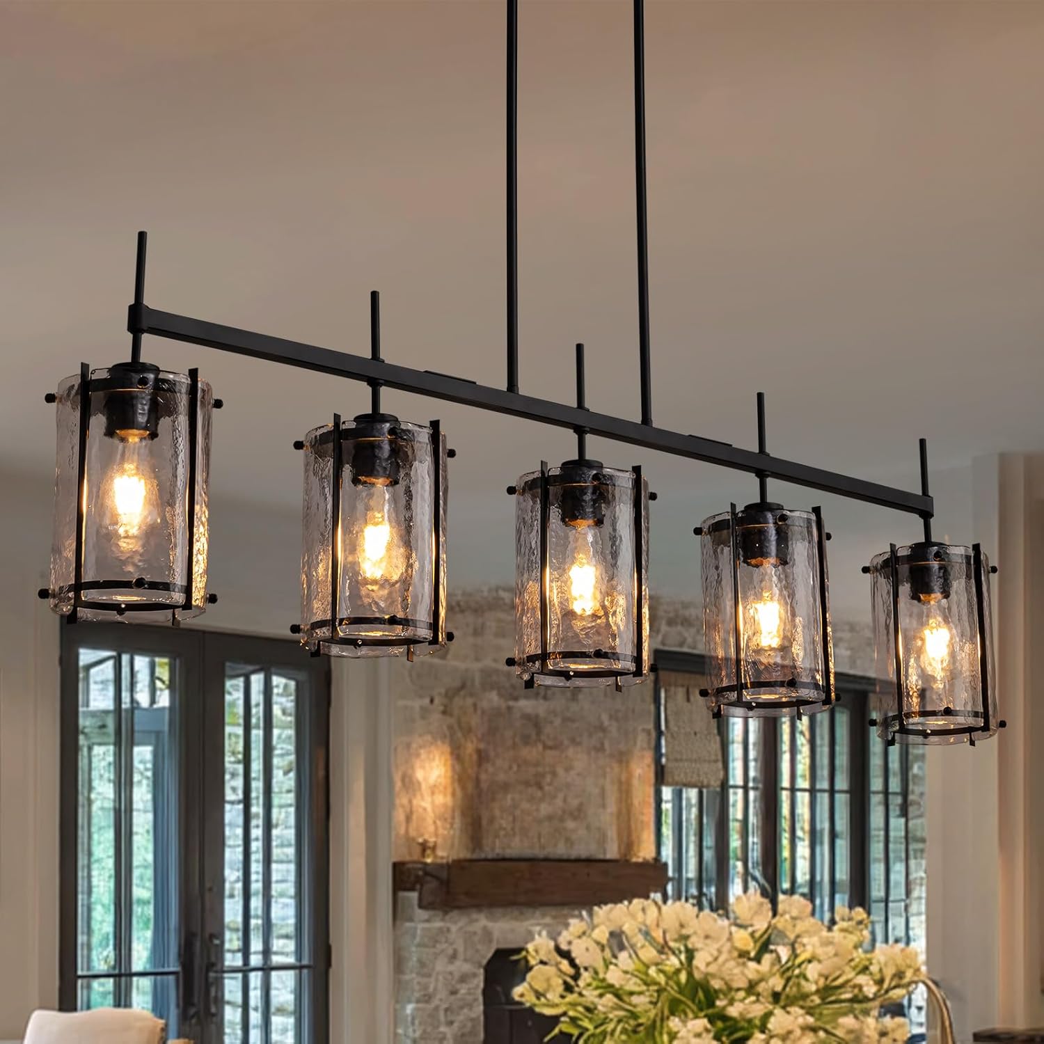 Farmhouse Linear Chandelier for Dining Room,Kitchen lsland Light Fixtures,5 Light Glass Chandeliers with Matte Black Finish,Height Adjustable L39.3”+W6.1”