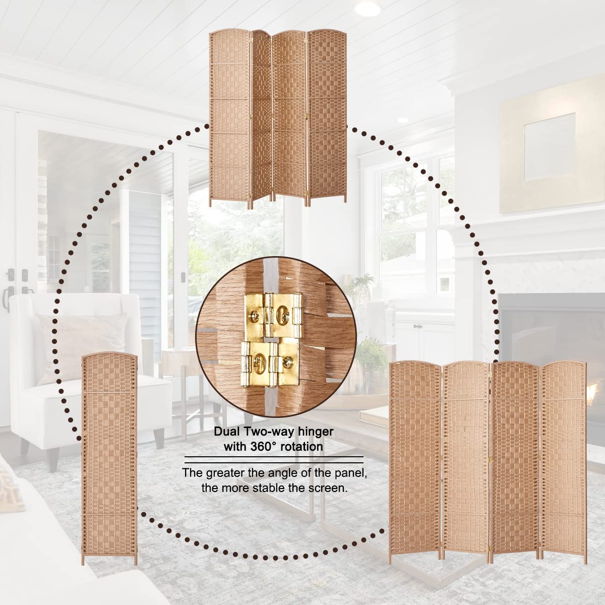 RHF 6 ft. TallExtra WideDiamond Weave Fiber Room Divider,Double Hinged,4 Panel Room Divider