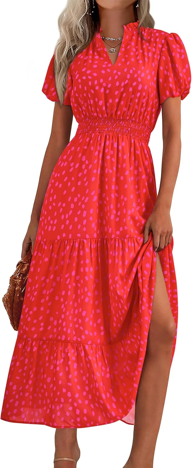 MASCOMODA Summer Maxi Dresses for Women 2025 Casual V Neck Puff Short Sleeve Smocked Flowy Beach Boho Long Floral Dress