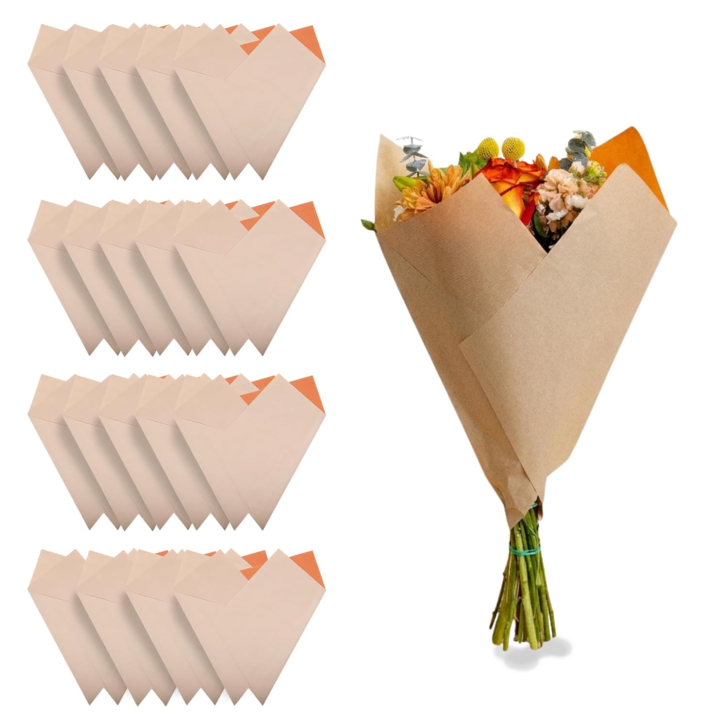 Teak Prefold 20 Pack, 17 x 2.75 x 18 Inch Waterproof Floral Paper Sleeves, FSC® Certified Recycled Kraft Paper, Gift-Ready for Wedding, Birthday, Holiday, Orange