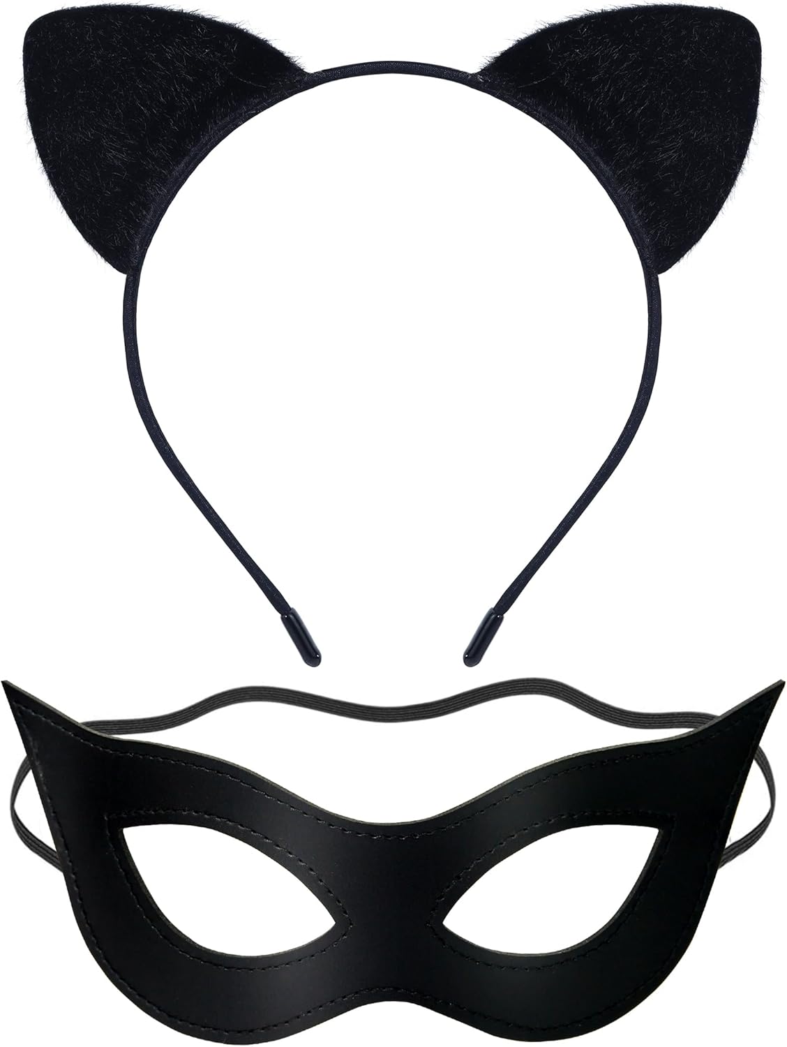 Cat Woman Mask and Cat Ears Headband for Women, Cat Women Costume Accessories Black Cat Eye Superhero Mask for Halloween Masquerade PU Leather