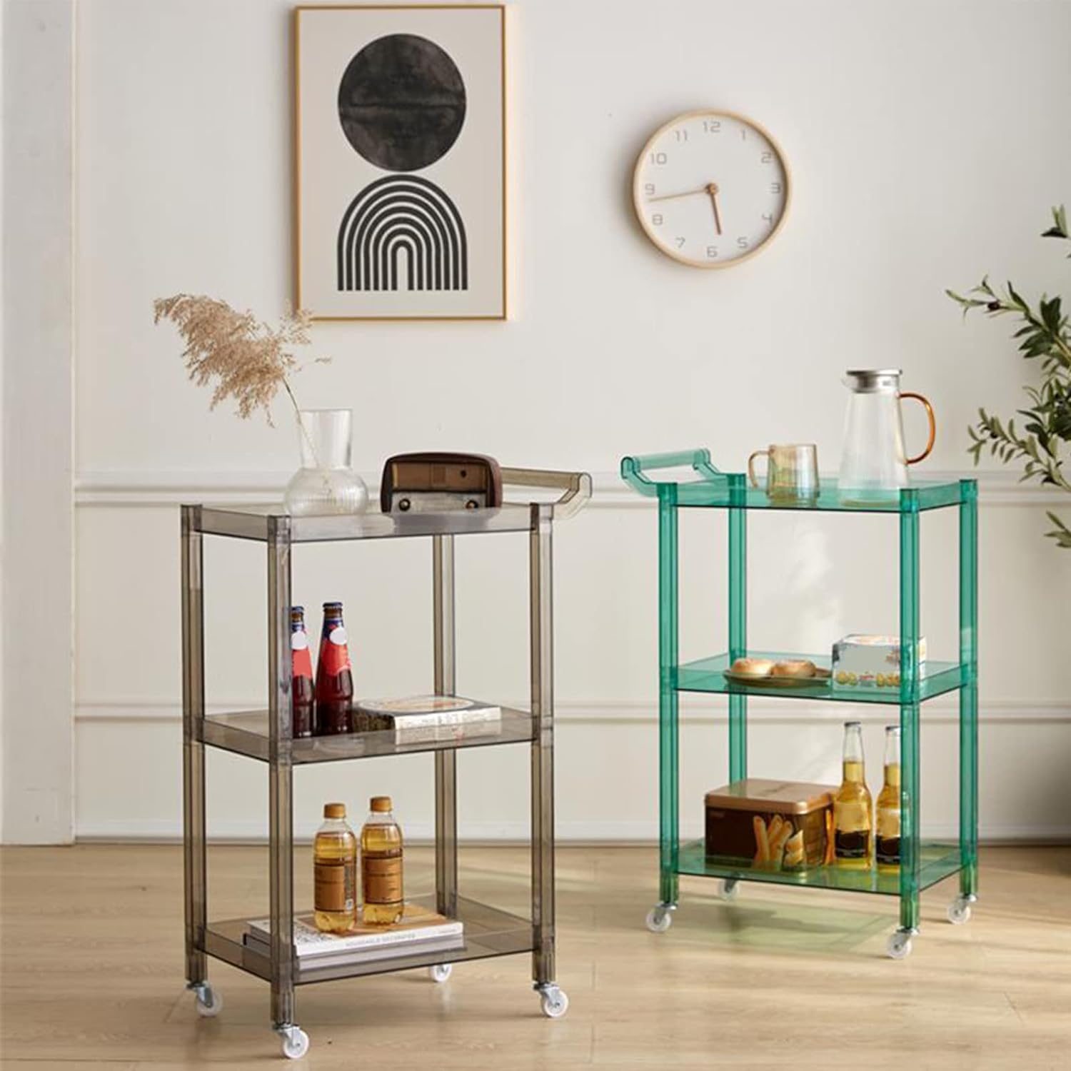 Carrello da bar a 3 ripiani in acrilico, con ruote e maniglia, per cucina, sala da pranzo, soggiorno, multifunzione, mobile per vino, carrello da portata, grigio